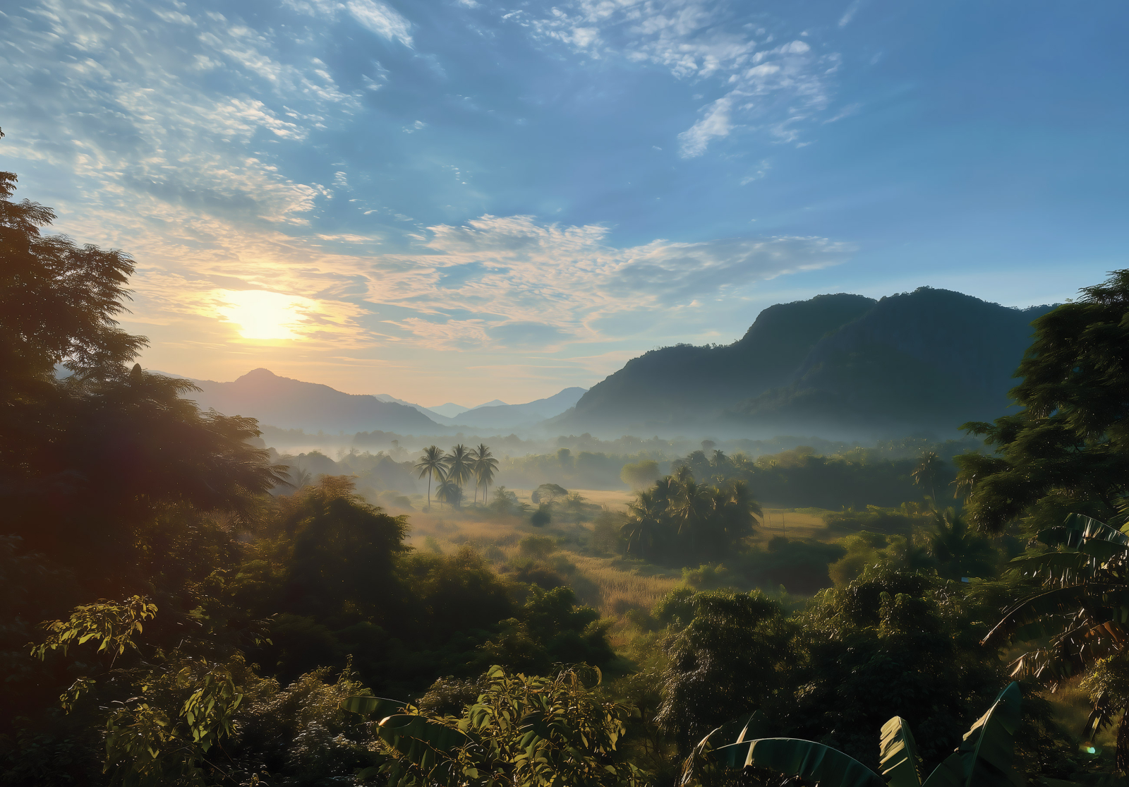 Фототапет Тропически изгрев над долина – светлина, простор и спокойствие